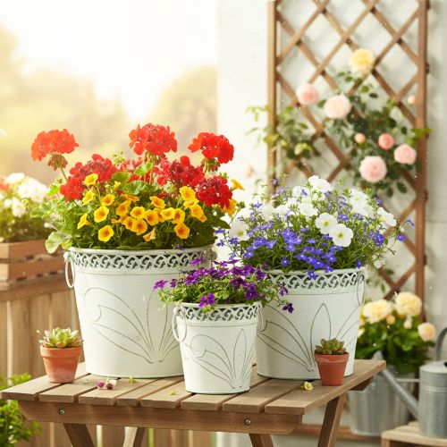 Blech-Kübel mit Prägung, Pflanzgefäß mit Henkeln Weiß, Grün Shabby Chic H22/19,5/17,5cm Ø25,5/20,5/15,5cm 3er-Set | Floristik24.de