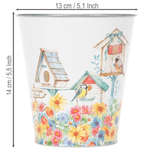 Artikel Blechtopf mit Vogelhäusern, Sommerdeko, Pflanzgefäß H14,5cm Ø13,5cm