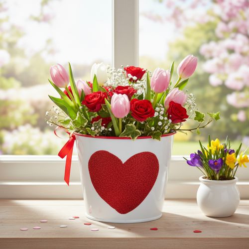 Blumentopf Weiß mit Herz in Rot Übertopf Pflanztopf Ø13cm H10,5cm | Floristik24.de