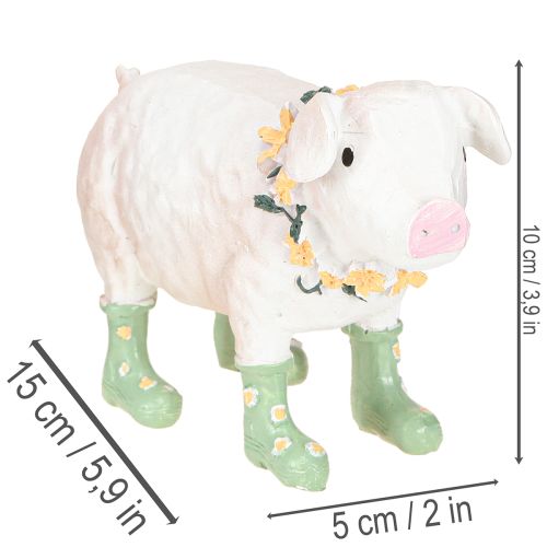 Artikel Deko-Schwein mit Gummistiefeln – Lustige Bauernhof-Figur mit Blumenkranz 15,5cm