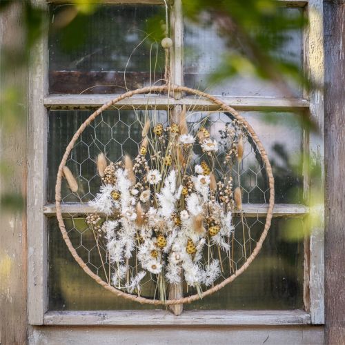 Artikel Dekoring Metall Ø38cm Hängedeko Raffia Silber Natur, Boho Wanddeko, Vielseitig Dekorierbar 4St