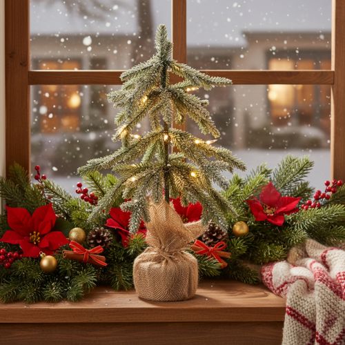 Kunstpflanze beschneit LED Tannenbaum im Jutesack Batteriebetrieben Für innen 50cm | Floristik24.de