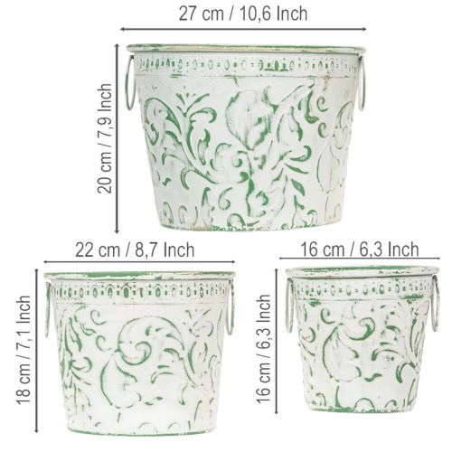 Artikel Metall-Töpfe mit Henkeln, Pflanzkübel mit Prägung Weiß, Grün Shabby Chic H20,5/18,5/16cm Ø25,5/20,5/15,5cm 3er-Set