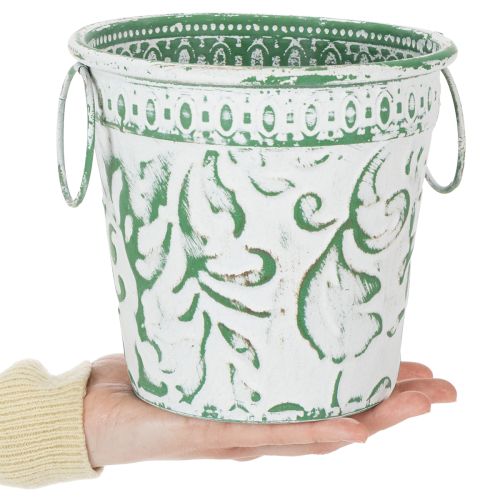 Artikel Metall-Töpfe mit Henkeln, Pflanzkübel mit Prägung Weiß, Grün Shabby Chic H20,5/18,5/16cm Ø25,5/20,5/15,5cm 3er-Set