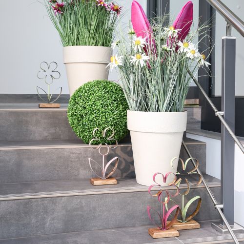 Floristik24 Metallblume auf Holz Sockel Rosa Silber Vintage H29cm