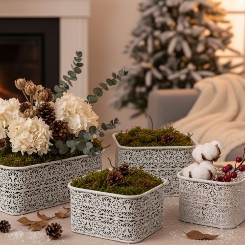 Metallschalen Spitzenmuster, Dekogefäß Eckig, Shabby Chic, Weiß 27/23/19cm H13,5cm 3er-Set | Floristik24.de
