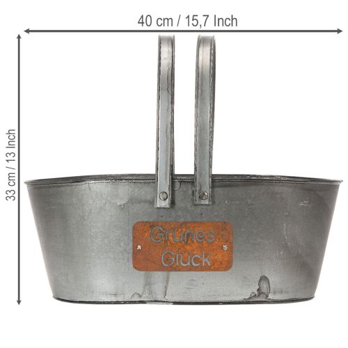 Artikel Pflanzkorb “Grünes Glück”, Metalldeko zum Bepflanzen, Gartendeko Silbern, Edelrost L40cm H15cm