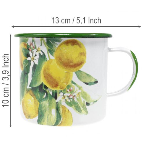 Pflanztasse aus Emaille, Deko-Tasse mit Zitronenzweig, Übertopf mediterran Ø9,5cm H10cm | Floristik24.de