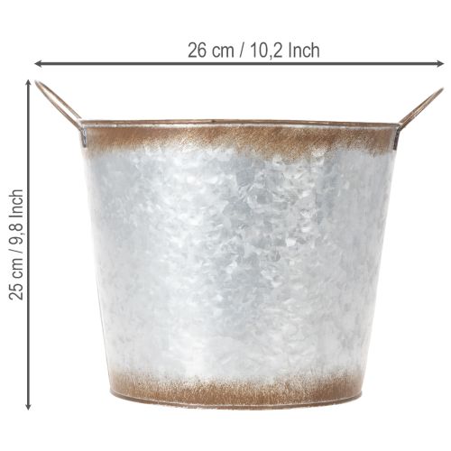 Pflanztopf mit Griffen, Deko-Schale Rostdeko, Metallgefäß Silbern Ø26cm H25,5cm | Floristik24.de