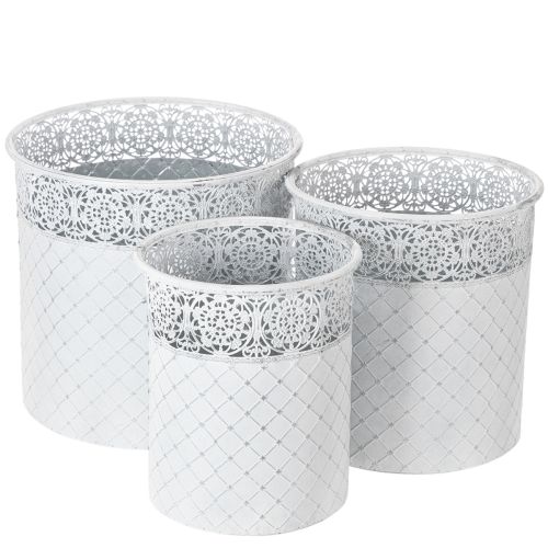 Artikel Pflanztopf mit Spitzenmuster, Gefäß aus Metall, Dekoeimer Weiß, Silbern Shabby Chic H28/25,5/23,5cm Ø29,5/25,5/20cm 3er-Set