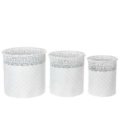 Pflanztopf mit Spitzenmuster, Gefäß aus Metall, Dekoeimer Weiß, Silbern Shabby Chic H28/25,5/23,5cm Ø29,5/25,5/20cm 3er-Set | Floristik24.de