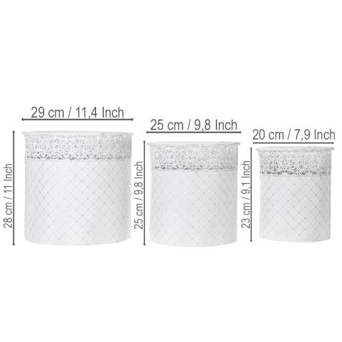 Pflanztopf mit Spitzenmuster, Gefäß aus Metall, Dekoeimer Weiß, Silbern Shabby Chic H28/25,5/23,5cm Ø29,5/25,5/20cm 3er-Set | Floristik24.de