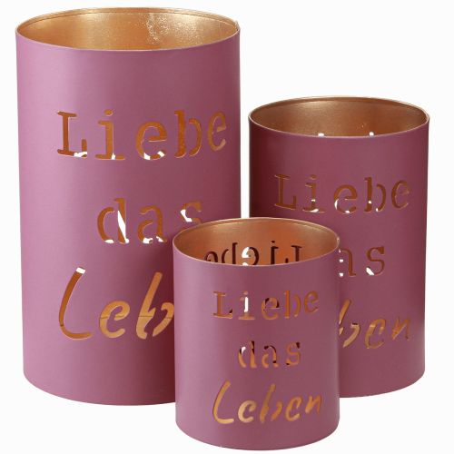 Artikel Windlicht „Liebe das Leben“ Fuchsia Gold Ø13/10,5/9cm Set 3St