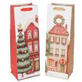 Floristik24 Geschenktasche Flasche Weihnachten Haus und Tannenbaum 36cm 2St