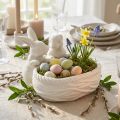 Hasen mit Nest, Tischdeko, Osternest, Porzellandeko, Deko-Schale Weiß L15cm H11cm | Floristik24.de