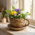 Pflanztasse mit Unterteller Kleiner Pflanzkorb aus Stroh Ø17cm H13cm | Floristik24.de