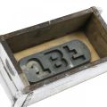 Ziegelform, Backstein-Kiste, Holzkasten mit Metallbeschlägen Antik-Optik, Weiß gewaschen L32cm H9cm