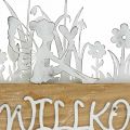 Willkommenschild, Aufsteller mit Elfen, Frühlingsdeko aus Metall, Holz Natur, Weiß L28,5cm H27,5cm