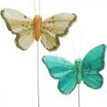 Schmetterling mit Glitter, Dekostecker, Federschmetterling Frühling Gelb, Türkis, Grün 4×6,5cm 24St