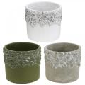 Keramikgefäß, Blumentopf mit Eichen-Dekor, Pflanztopf Grün/Weiß/Grau Ø13cm H11,5cm 3er-Set