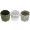 Keramikgefäß, Blumentopf mit Eichen-Dekor, Pflanztopf Grün/Weiß/Grau Ø13cm H11,5cm 3er-Set