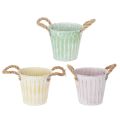 Floristik24 Deko-Topf, Metalleimer zum Bepflanzen, Pflanzgefäß mit Henkeln, Rosa/Grün/Gelb Shabby Chic Ø15cm H13cm 3er-Set